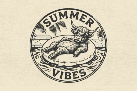 Funny Summer Vibes Highland Cow SVG PNG.